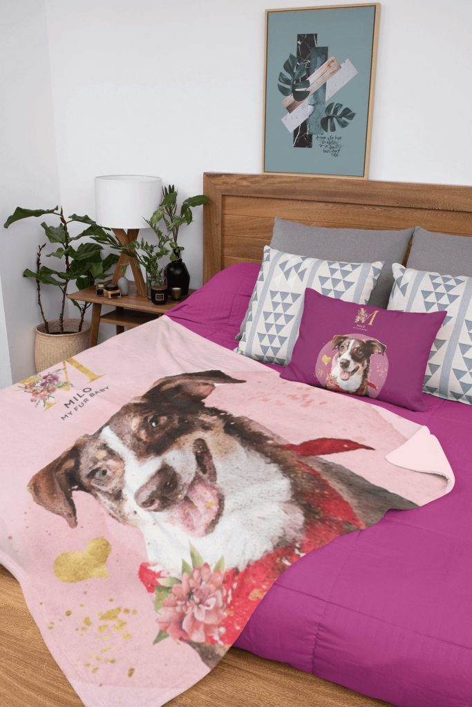 digital watercolor of pet dog in blanket and pillow by precilla stockdreher